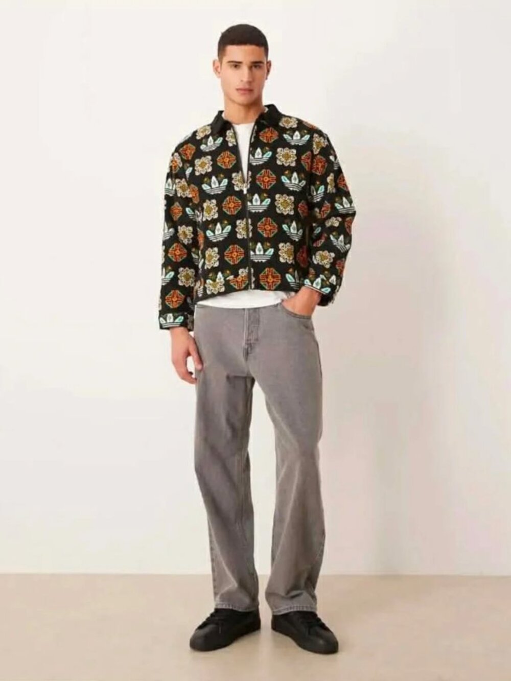 Adidas Black Ccorduroy Monogram Allover Print Loose Coach Jacket M - Picture 5 of 16